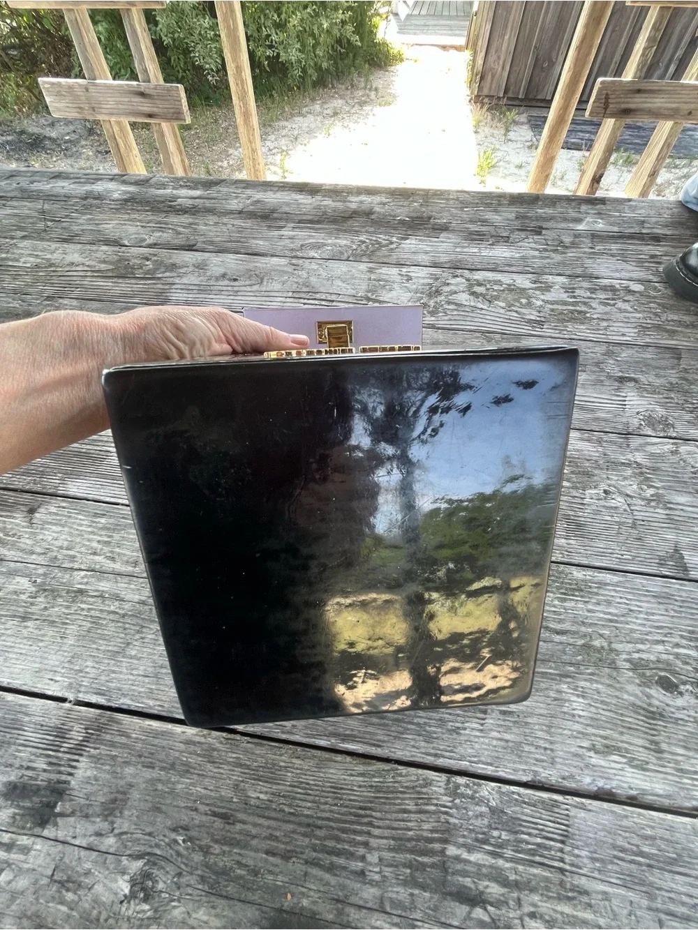 VICTORIA SECRET black patent leather make up box , inside mirror